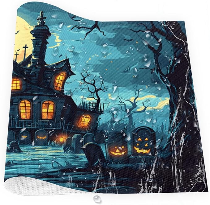 Halloween Castle Moon Scary Placemats Set of 4 PVC Vinyl Non Slip Table Mats Heat Resistant Place Mats Washable Wipeable Dining Table Mat for Kitchen Decor Party Indoor Outdoor Decorative Gift