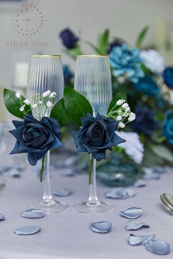 TINGE TIME Artificial Flowers, 25pcs Real Looking Dusty Blue Rose Fake Roses w/Stem for DIY Wedding Bouquets Centerpieces Arrangements Party Baby Shower Home Decorations