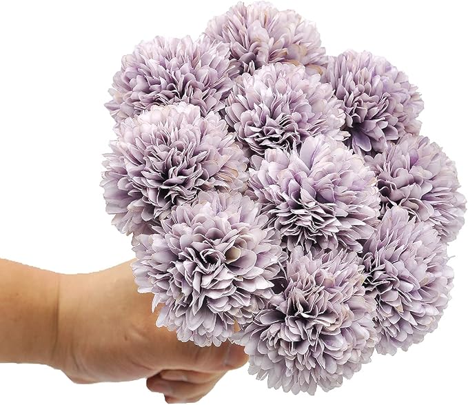 10Pcs Artificial Fake Flower Plants Silk Chrysanthemum Ball Hydrangea Arrangements Wedding Bouquets Decor Home Kitchen Garden Party Table Floral Centerpieces DIY (Grey Purple)