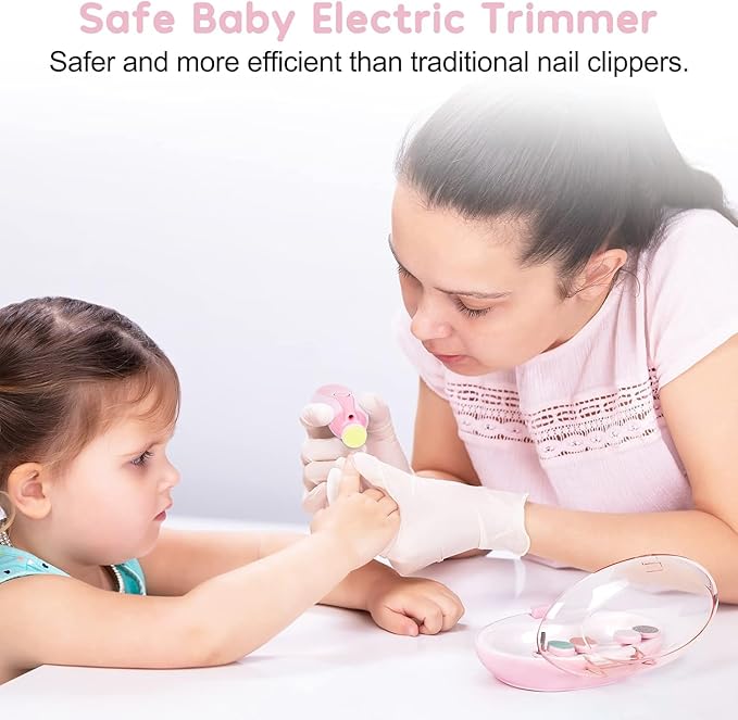 Baby Nail Trimmer File with Light - Safe Electric Nail Clippers Kit for Newborn Infant Toddler Kids Toes and Fingernails - Care, Polish and Trim - Battery Operated (AA), Pink