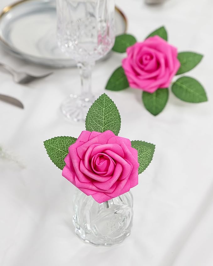 DuHouse 25Pcs Artificial Roses Flowers Fake Roses with Stems Real Touch Foam Flowers for DIY Wedding Bouquet Baby Shower Centerpiece Floral Arrangement Party Home Decor (Hot Pink)