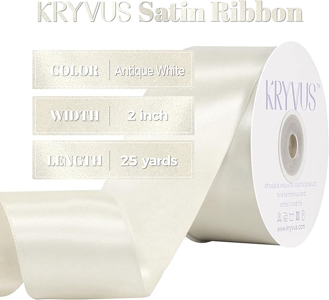 Antique White Satin Ribbon, Double Faced 2 Inch X 25 Yards Antique White Ribbon, Premium Satin Ribbon for Gift Wrapping, Crafts, Hair Bow Making, Sewing, Flower Bouquet, Wedding Party Decor