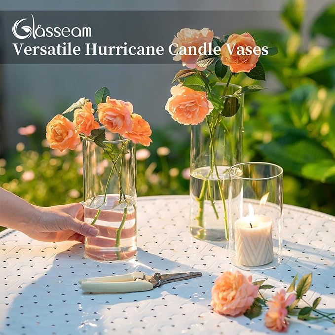 Glasseam Glass Cylinder Vases for Centerpieces, Clear Flower Vase Set of 12, Modern Floating Candle Vases Decor, Decorative Hurricane Pillar Candle Holders for Wedding Dining Table Decorations, 8in