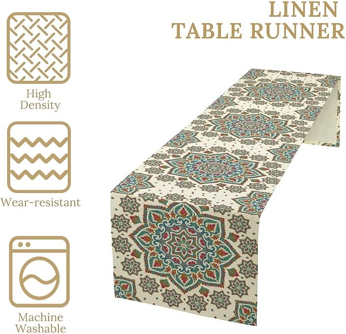 Boho Table Runner, Colorful Bohemian Mandala Geometric Floral Table Runner for Kitchen Dining Home Party Decoration, 13x36 Inch