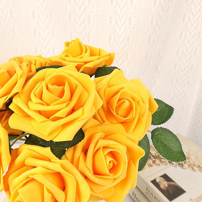 MACTING Artificial Yellow Rose Flowers 60PCS Real Touch Foam Roses with Stem Fake Flowers for DIY Wedding Bouquets Table Centerpieces Party Holiday Home Spring Valentines Day Decorations