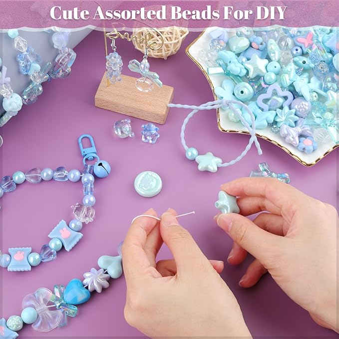Assorted 200-260PCS Blue Acrylic Beads for Bracelet Making, Flower Bow Candy GummyBear Bracelet Charms,Cute Beads for Jewelry Making DIY Necklace Keychain Phone Charm Christmas Gift