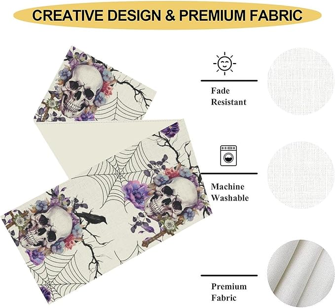Gothic Floral Table Runner, Retro Dark Skull Spider Web Crow Flower Halloween Witchy Coffee Table Center Decor for Home Kitchen Dining Patio Holiday Party Table Decorations 13x90 inches