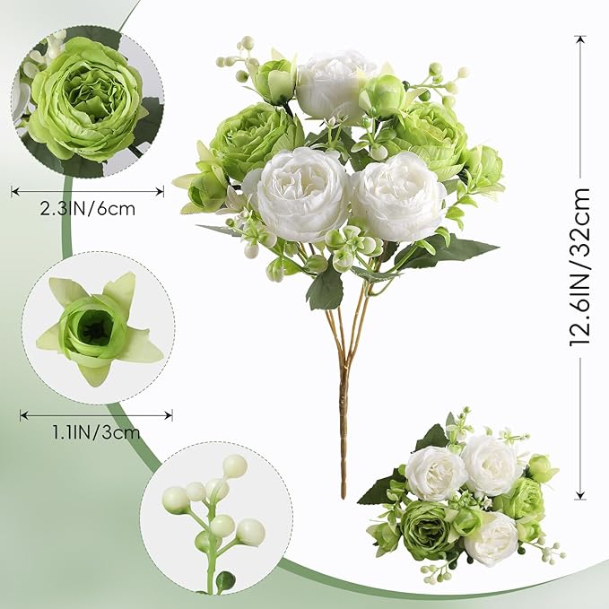 Floweroyal 4 Bunches Peony Artificial Flowers Green Flowers Silk Peonies Bouquets for Wedding Party Table Centerpieces Floral Arrangement Home Kitchen Decor