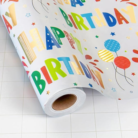 Burymento Birthday Wrapping Paper Roll for Boys Girls Kids Men Women - Colorful Gold Foil Balloon and Stars - Gift Wrap Paper for Birthday Party, 17 In x 32.8 Ft