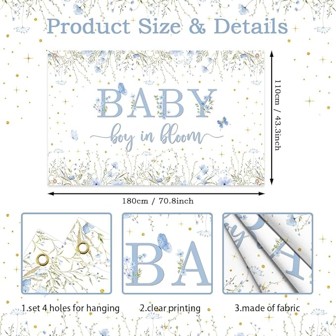 Baby Boy in Bloom Backdrop for Boys Wildflower Baby in Bloom Baby Shower Decorations Banner Blue Floral Photography Background Cake Table Decor Supplies Photo Booth Prop 70.8 x 43.3 inch
