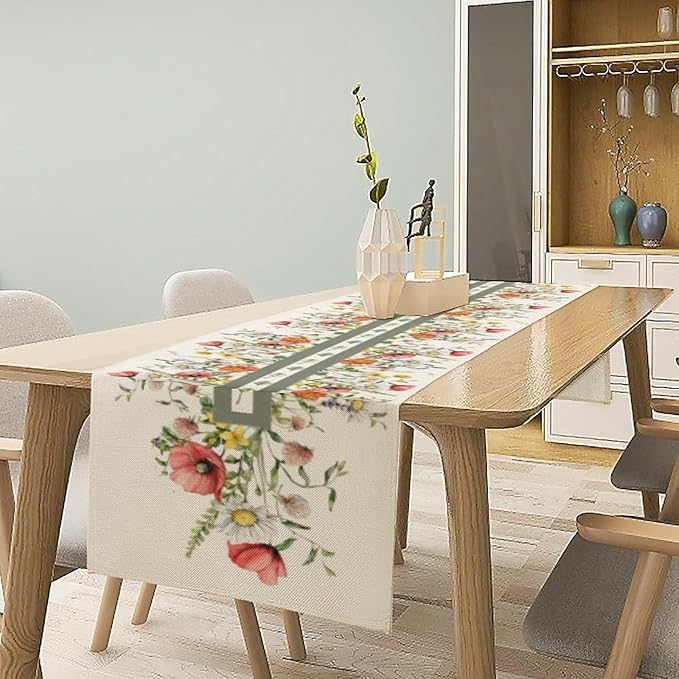 Watercolor Floral Table Runner, Red Wildflowers Botanical Nature Farmhouse Design Table Runner for Kitchen Dining Home Party, 13x108 Inch