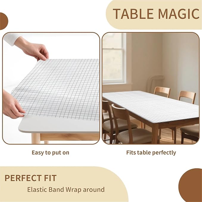 Rectangle Table Cloth Cover Waterproof Elastic Fitted Polyester Fitted Tablecloths for 6 Foot Tables for Indoor,Picnic, Camping, Outdoor （72" x 30"，White Grid）