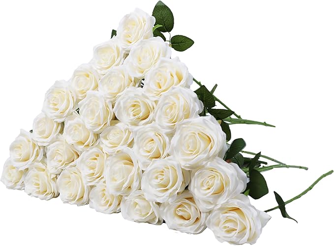 Artificial Rose Flower Ivory Flowers Ivory Roses White Roses Silk Flowers 30 pcs with Long Stem Silk Roses Bouquet for Wedding Bridal Shower Party Home Decoration