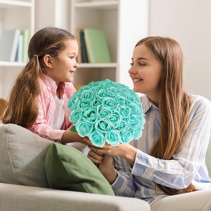 36 Pcs Turquoise Artificial Roses with Long Stems, Fake Silk Rose Artificial Flowers Bulk for Bridal Wedding Bouquet Centerpiece Ball Arrangement Party Decor