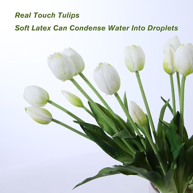 10PCS White Fake Tulips Artificial Flowers Real Touch Latex Faux Tulips UV Resistant Fake Flowers Bouquet for Table Home Decor Party Wedding Garden Decoration