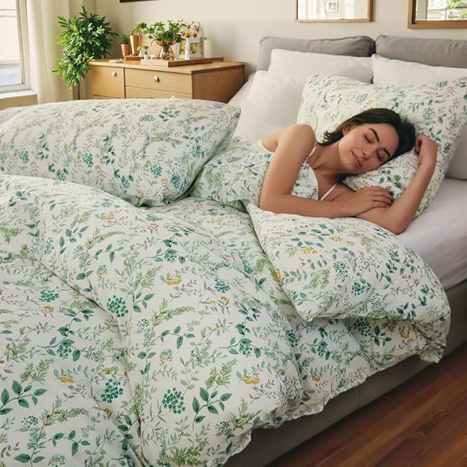 100% Cotton Duvet Cover Sets King Size Reversible Green Garden Bedding Sets Duvet Cover Super Soft Comforter Cover with Zipper Closure, Lightweight, Breathable