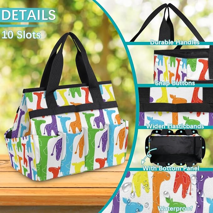Garden Tool Tote Bag for Women Men Cartoon Colored Horses Gardening Tool Storage Bags with 10 Pockets Standable Garden Home Tool Kits Organizer for Indoor Outdoor Gardening Gifts
