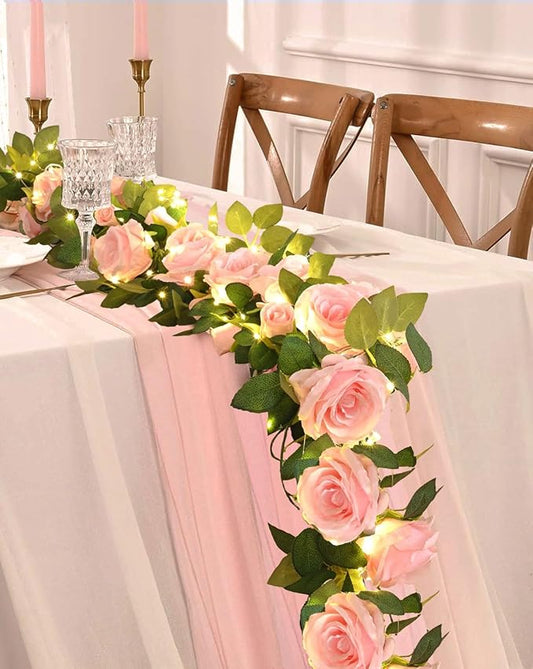 2 Pcs Flower Garland with 19.6 Ft Lights, 13.2 Ft Pink Floral Garland Fake Flowers for Wedding Arch Party Wall Garden Room Decor