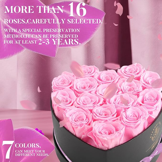 16-Piece Forever Flowers Heart Shape Box - Preserved Roses, Birthday Gifts For Women- Flower Delivery Prime, Valentines, Anniversary, Wedding Gifts- Pink Roses