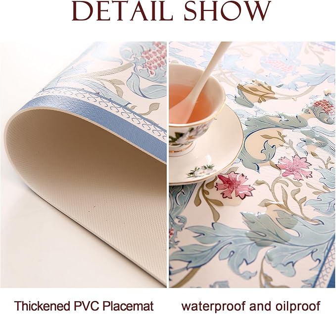 patdrea Red Blue Flower Rectangular PVC Placemats, Pack of 6, Waterproof Insulation, Soft and Durable, Suitable for Dining Table, Kitchen and Coffee Table Decoration,12"*17"
