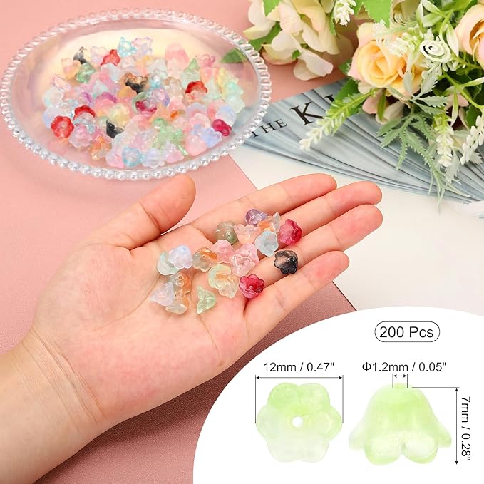 PATIKIL Glass Trumpet Flower Beads, 200 Pcs Gradient Flower Bead Charm for Jewelry Making DIY Craft, Bracelets, Earrings, Necklaces Decorations, Light Green