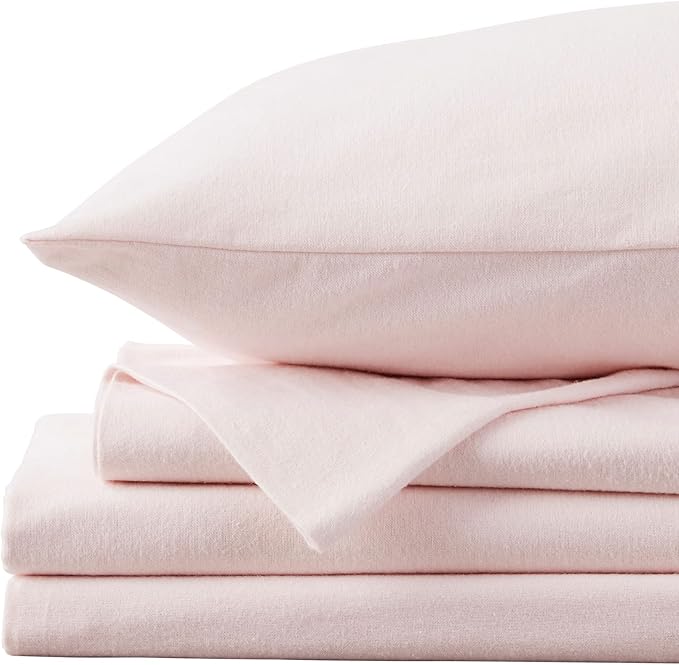 Market & Place 100% Turkish Cotton Flannel Sheet Set | 3 Piece Deep Pocket Solid Cozy Winter Bed Sheets | Double Brushed for Extra Softness & Comfort | Chalet Collection (Twin, Blush Pink)