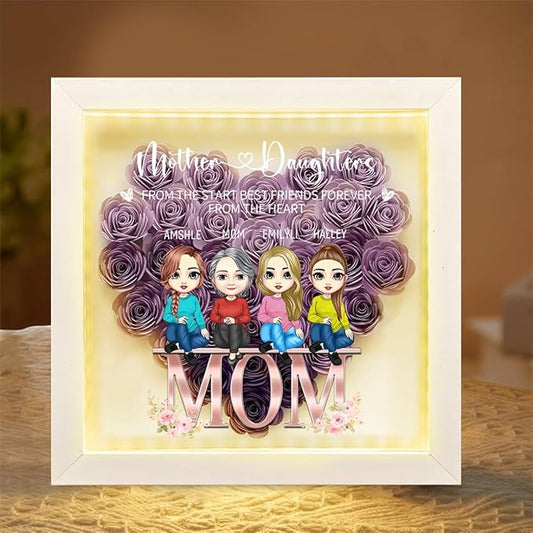 Personalized Mom Flower Shadow Box with LED Light Custom Heart Shaped Rose Flower Shadow Box Frame From The Start Best Friends Forever From The Heart Mother's Day Portrait Shadowbox Memory Gifts