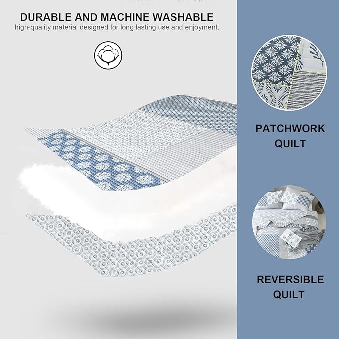 PANGUSHAN Quilt Set Queen Size, 100% Cotton Bedspread Quilt Bedding Set, Patchwork Reversible Floral Quilt for Queen Bed, Blue/Grey/White Bed Spread, Lightweight Comforter for All Season, 3 Pieces