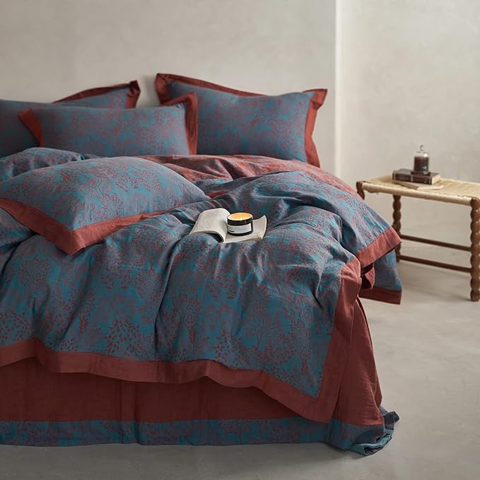 mixinni Muslin Cotton Vintage Blue Floral Duvet Cover Queen Size 3pcs Yarn Dyed Burgundy Jacquard Weave Bedding Comforter Cover Soft Breathable Bedding Sets for All Season-King Size