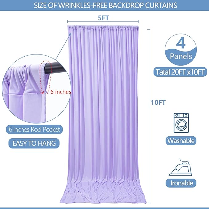 20x10ft Wrinkle Free Lavender Backdrop Curtain for Parties Soft Fabric Drapes Wedding Curtain Backdrop for Birthday Party Decorations Background for Photography 5x10ft,4 Panels