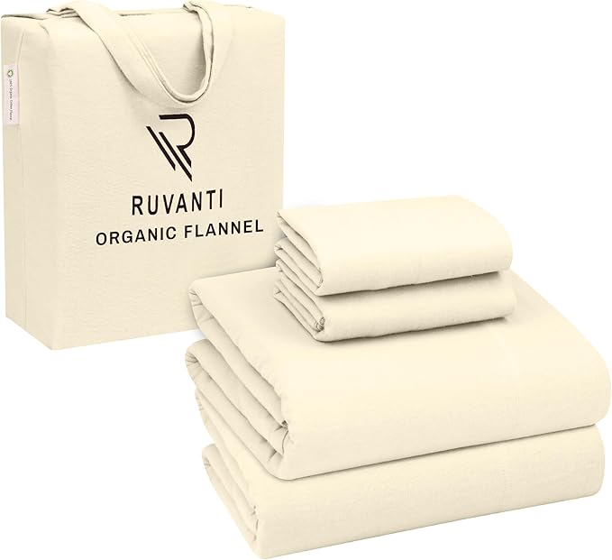 RUVANTI Flannel Sheets Queen Size - GOTS Certified 100% Organic Cotton, 4 Piece Warm, Soft & Breathable Set, Deep Pocket Snug Fit, Double Brushed Cozy All Season Bedding, Winter White
