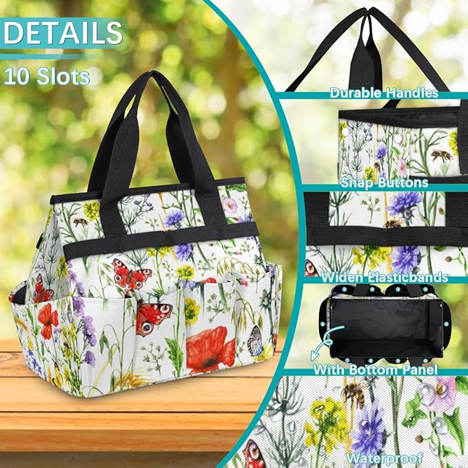 Garden Tool Tote Bag for Women Men Flower Butterfly Bee Gardening Tool Storage Bags with 10 Pockets Standable Garden Home Tool Kits Organizer for Indoor Outdoor Gardening Gifts