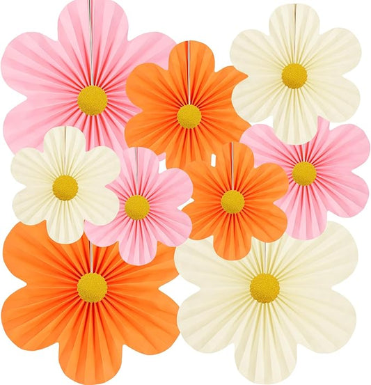 Pink and Orange Party Decorations Paper Flowers Decorations for Wall Classroom Paper Fans Floral Backdrop Flower Wall Decor Pack of 9 Pink Orange