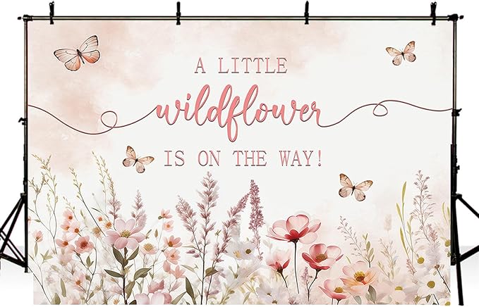 MEHOFOND 7x5ft Baby Shower Backdrop Pink Watercolor A Little Wildflower is On The Way Baby Shower Party Decorations Butterfly Theme Girl Banner Photography Background Props