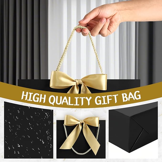 JMANNI Gift Bag, Medium Gift Bags with Tissue Paper, 2Pcs Gift Bags Medium Size with Handle and Bow Ribbon for Any Birthday,Weddings, Mothers Day & Special Occasion 11''x7.87''x4''(Black)