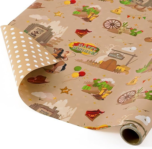 WERNNSAI Cowboy Wrapping Paper - 1 Roll 17” x 16.4ft Western Birthday Gift Wrap Men Boys Birthday Wrapping Paper Brown Cowboy Gift Packing Decoration Reversible Polka Dot Design