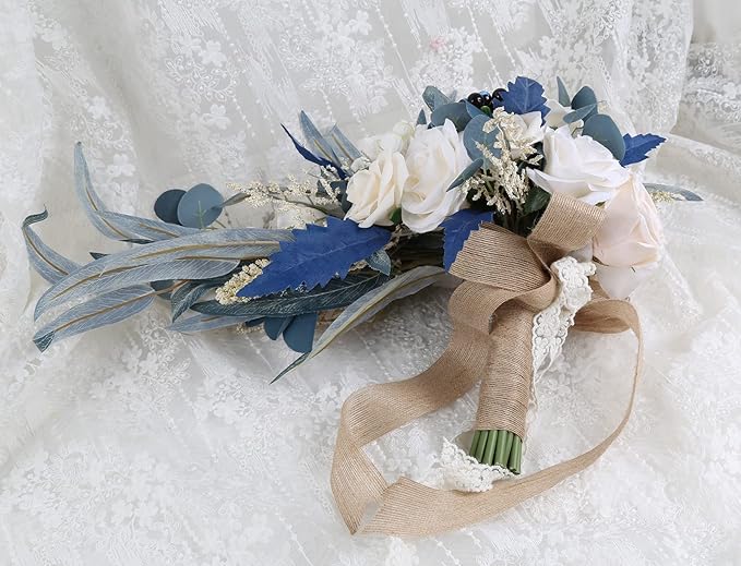 Wedding Bouquets for Bride, 11 Inch Bride Bouquets for Wedding Dusty Blue Artificial Flowers Bridal Bouquet for Wedding Ceremony Anniversary(Dusty Blue)