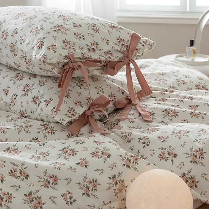 HighBuy Vintage Floral Comforter Set Full Size 3 Piece All Season with 2 Bowknot Bow Tie Pillowcases Boho Style Soft Comforters Cozy Bohemian Floral Bedding Sets for Women Girls,Cooling Comforter