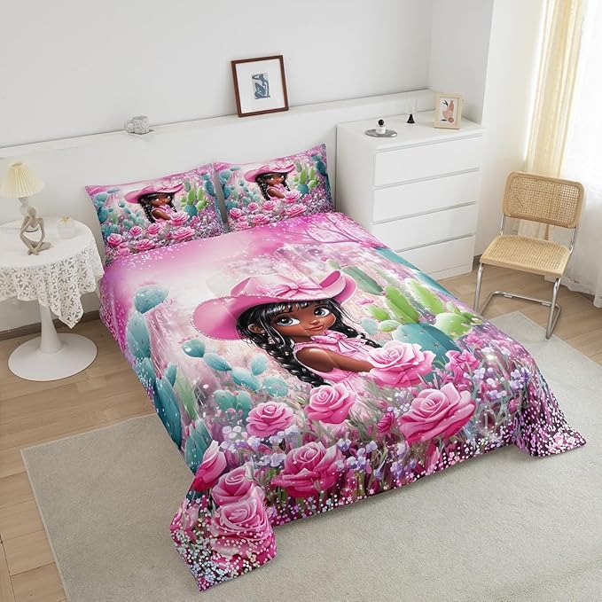 Pink Cowgirl Comforter Set Twin Size,Reversible Southwest African Style Black Bedding Set for Kids Boys Men,Western Floral Desert Cactus Sparkling Quilted Duvet Set with 1 Pillowcase
