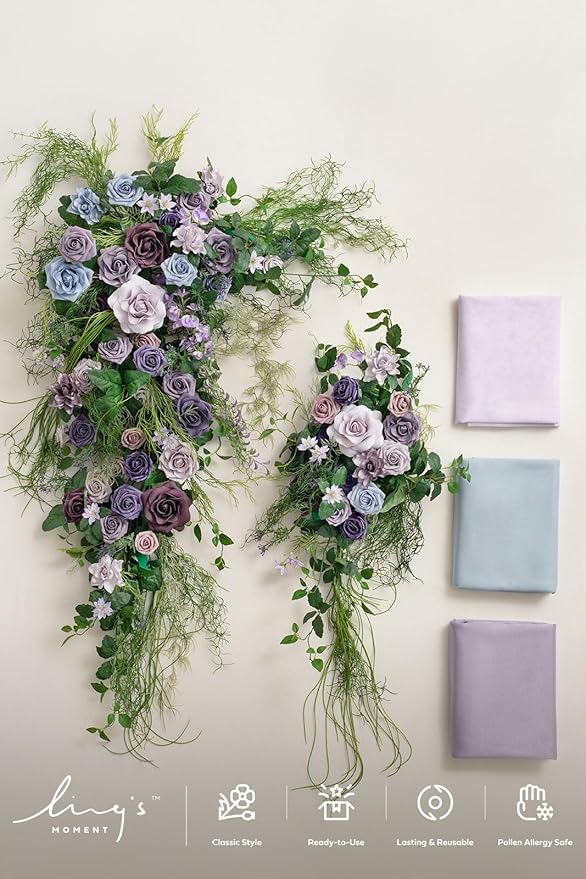 Ling's moment Deluxe Wedding Arch Flowers with Sheer Drapes Kit - Artificial Pruple and Sage Floral Arrangements for Ceremony Backdrop, Arbor Decor, 5-Piece Set (2 Flower Stems + 3 Hanging Drapes)