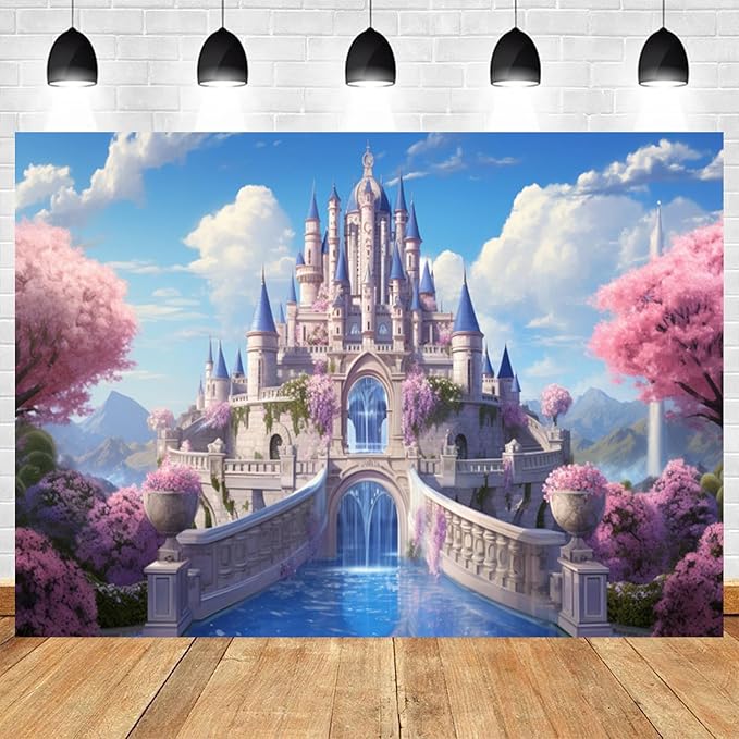 15x10ft Princess Castle Backdrop Pink Floral Blue Sky Photography Background White Cloud Forest Mountain Girls Birthday Baby Shower Banner Decorations Wedding Party Portrait Photo Booth Prop