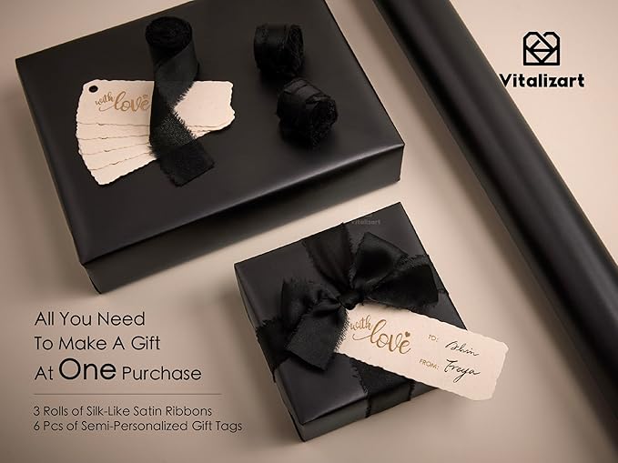 Vitalizart Black Matte Metallic Wrapping Paper Set 30" With Silk Satin Ribbon & Gift Tags Christmas Gift Wrapping Birthday Baby Shower Wedding Bouquets Handmade Crafts 197"(16.4 Ft) Black Ribbon