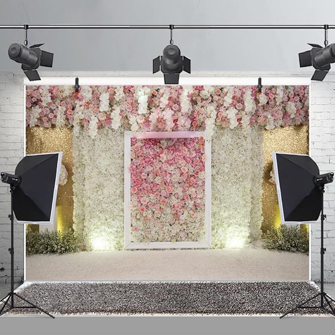 7x5ft Flower Wall Wedding Backdrop Pink White Rose Floral Romantic Princess Photography Background for Bridal Shower Birthday Newborn Spring Tea Party Outdoos Ceremony Women Girls Portrait