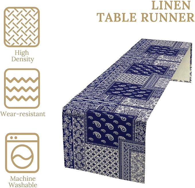 Boho Patchwork Table Runner, Blue White Bohemian Paisley Floral Vintage Farmhouse Table Runner for Kitchen Dining Home Party Holiday, 13x120 Inch