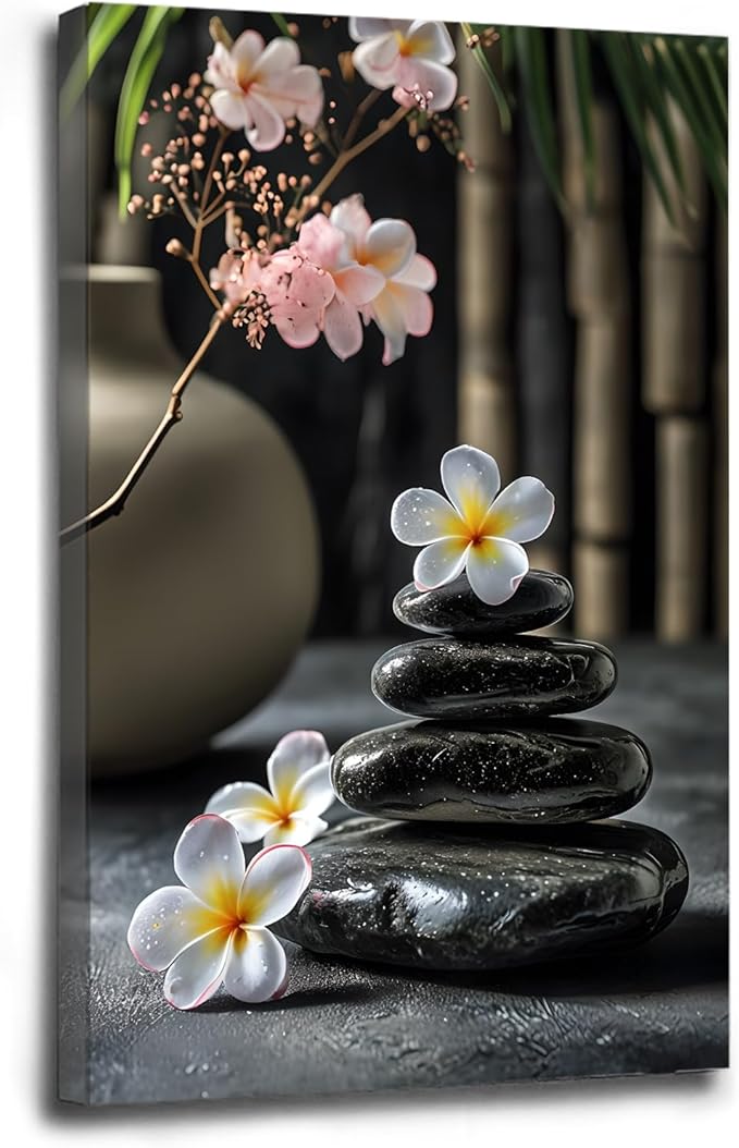 A harmonious black stone stack paired with white and pink flowers bamboo and ceramic vases creates a tranquil Zen decor for minimalist homes and mindful spaces 20x30in Wood Framed