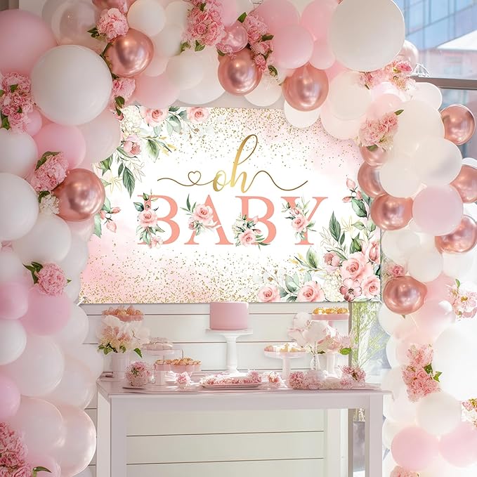 Mocsicka Oh Baby Backdrop Banner Girl Baby Shower Background Pink Floral Oh Baby Baby Shower Party Decorations Photo Booth Props (Pink, 6x3.6ft)
