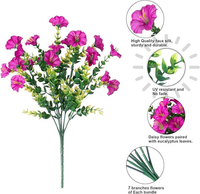 HyeFlora Artificial Flowers for Outdoors Fake Plants, 12 Bundles Faux Fuchsia Morning Glory UV Resistant Look Real Silk Flowers for Outside Planter Front Door Porch Patio Yard Fall Autumn Decoration
