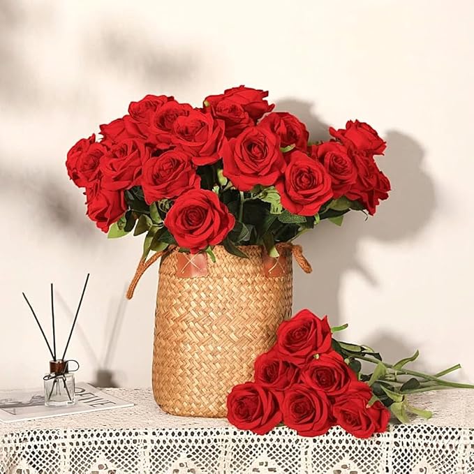 Jasion 12PCS Artificial Roses Realistic Velvet Silk Flowers Long Stem Faux Flowers Bouquet for Wedding Home Party Table Centerpieces Decorations (Red)