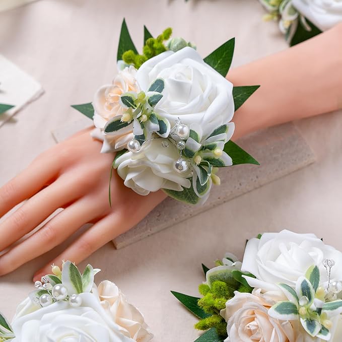 Meldel White Wrist Corsage, Set of 6, Homecoming Wrist Flower Girl/Mother Corsages Wristlet Décor Perfect for Bride Bridesmaids Wedding Guests Hand Flower, Proms, Party, Ceremony Anniversary