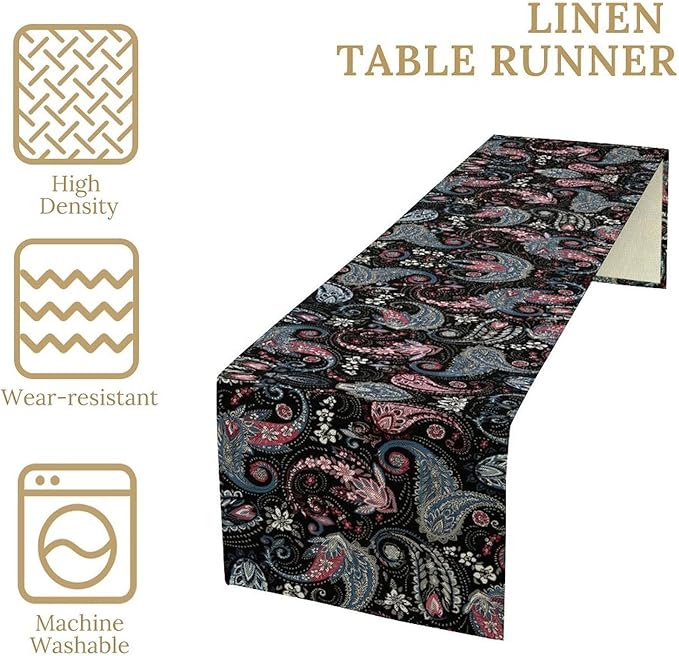 Bohemian Table Runner, Black Blue Pink Paisley Floral Boho Decor Table Runner for Kitchen Dining Home Party, 13x70 Inch